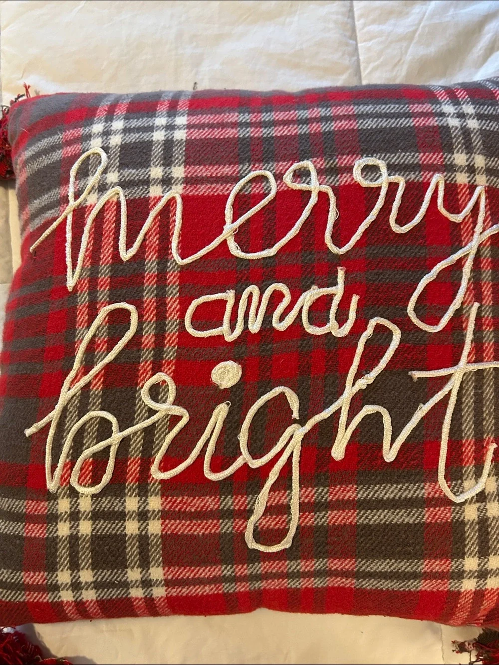 Merry and Bright Red Plaid Holiday Throw Pillow